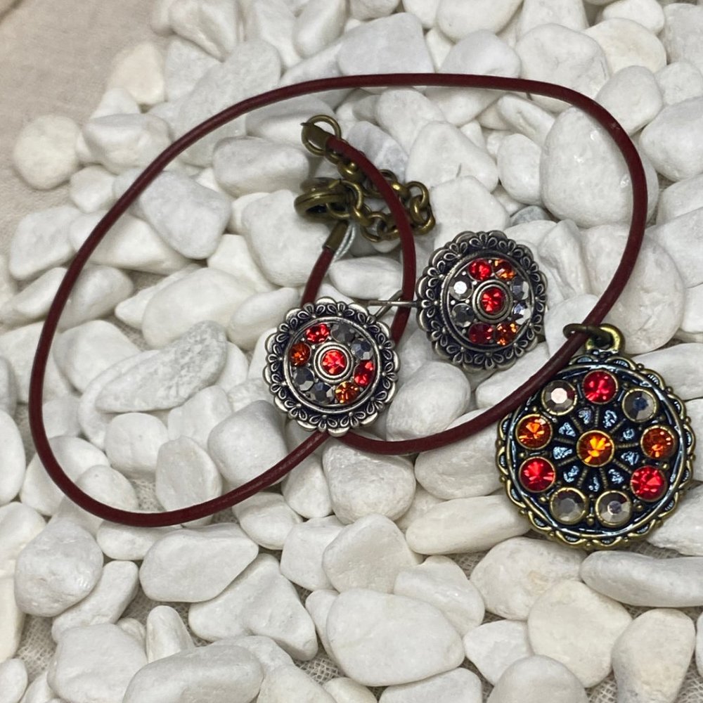 Danon - Vintage Necklace & Earring set! Antiqued Silver with Red gem accents.